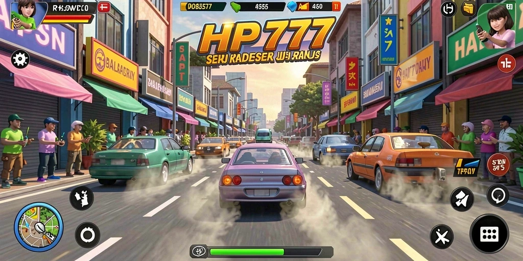 Tampilan gameplay HP777 dengan mobil balap yang beraksi di lintasan.