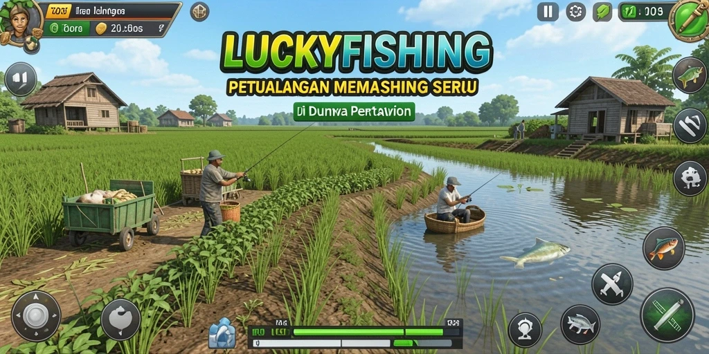 Tampilan menarik gameplay LUCKYFISHING yang menggabungkan memancing dan pertanian.