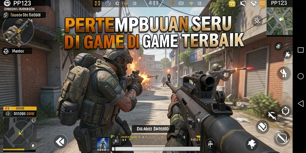 Tampilan gameplay PP123 yang intens dan mendebarkan dalam pertempuran FPS.