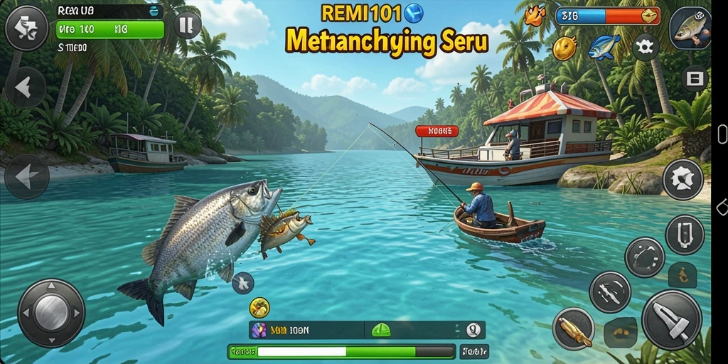 Tampilan gameplay <strong>REMI101</strong> yang penuh aksi saat menangkap ikan.