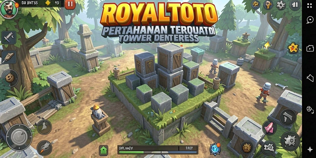 Screenshot gameplay ROYALTOTO dengan menara pertahanan yang aktif melawan musuh.